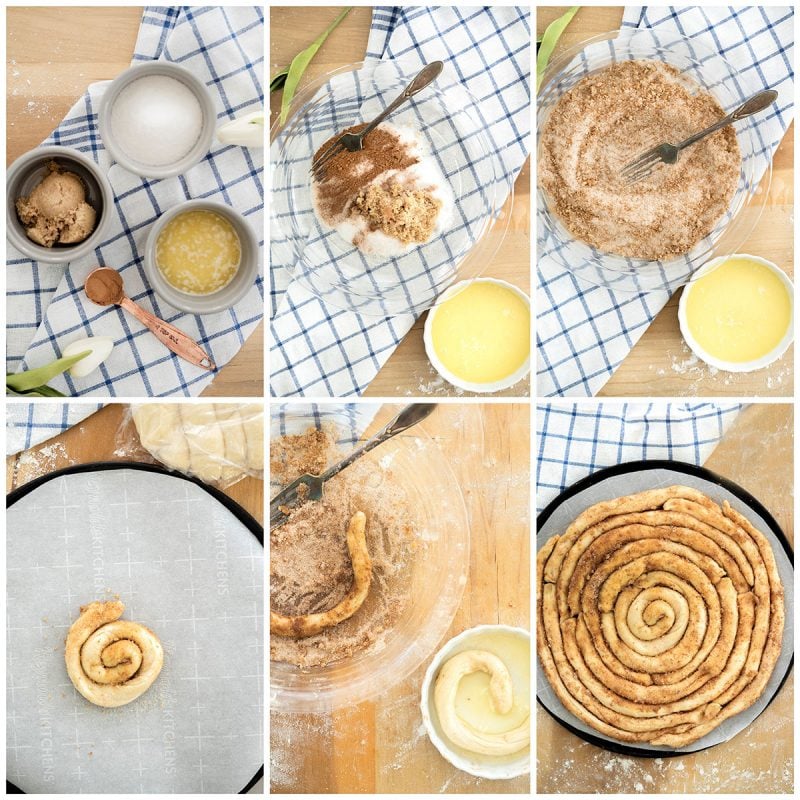 A collage of step by step photos of making the cinnamon sugar coating for the coffee cake.