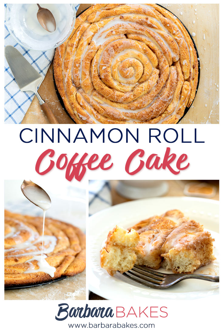 A collage of 3 photos of a Sweet Petals Coffee Cake Close up on a freshly baked cinnamon roll, coffee cake with sugar glaze being drizzled over it with a spoon.