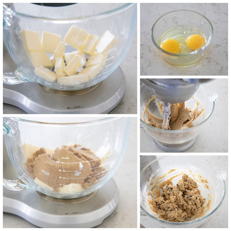 A collage of step by step photos of making chocolate chip cookie dough batter.