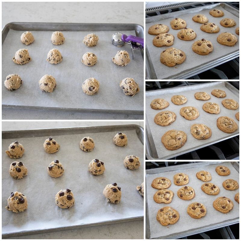 A collage of step by step photos of portioning out chocolate chip cookie dough batter; chocolate chip cookies on baking trays before and after baking.