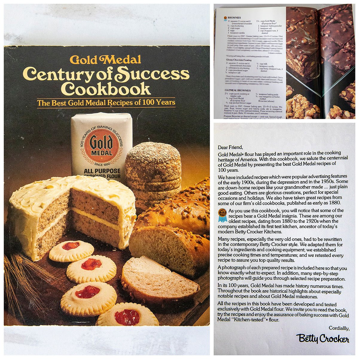 Gold Medal Century of Success Cookbook cover; brownie recipe and photo from the cookbook; and introduction of the cookbook