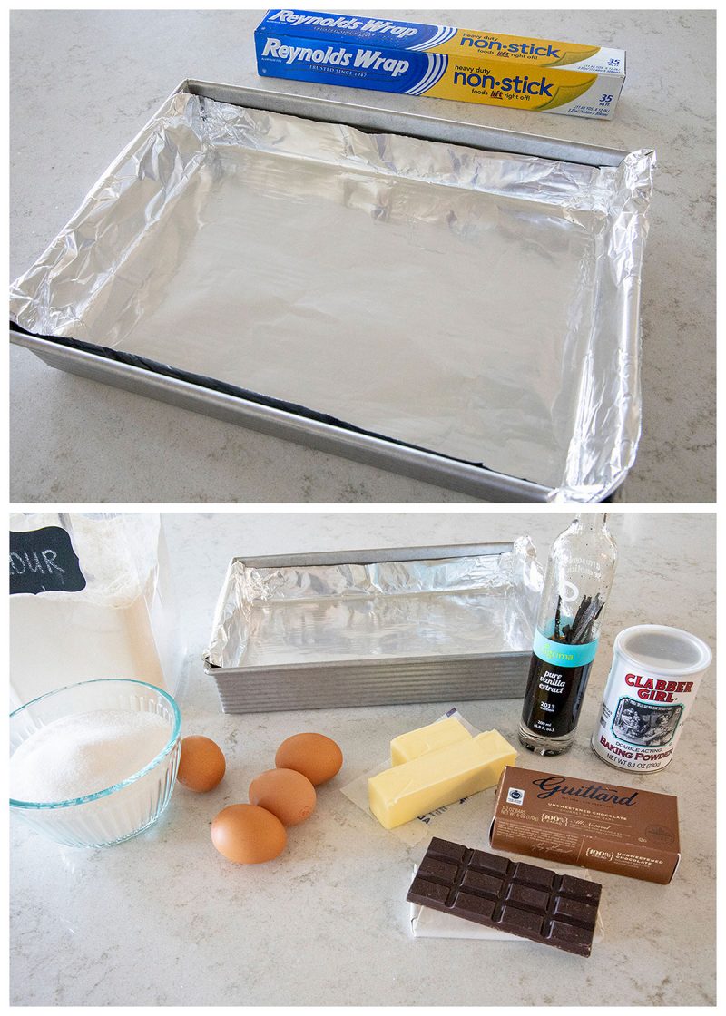 A 9x13 pan lined with non-stick aluminum foil and a photo of the ingredients necessary to make the brownies.