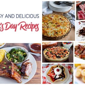 A collage of eight pictures of Father's day recipes. BBQ ribs, meat lovers quiche, burgers, 7-layer dip, waffle ice cream sundae and lemon bar cookie cups
