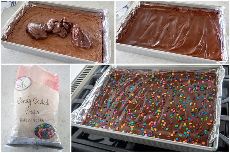 A collage of four pictures; one of the rainbow chip packaging; unfrosted brownies uncut in the pan with frosting dolloped on top, one with frosting spread on top and a photo with the frosted brownies sprinkled with rainbow chips.