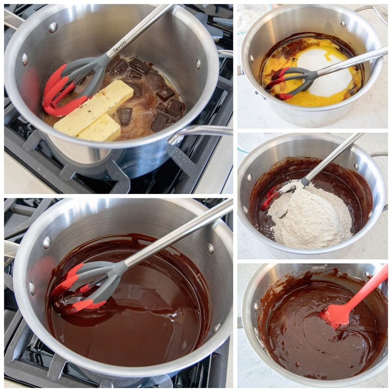 A collage of 5 photos of making the batter in a pot on the stove: melting the butter and chocolate; butter and chocolate blended; adding eggs and sugar; adding flour; final batter.