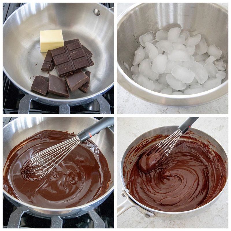 A collage of four photos showing how to make the icing: chocolate and butter in a saucepan; chocolate and butter blended; a bowl of ice; and final thickened icing