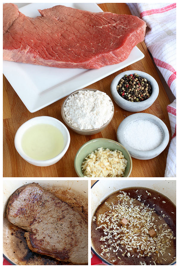 collage of uncooked round steak and ingredients for making beef stew base