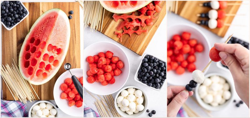 3 collage photos of making red, white and blue fruit and cheese skewers; one with watermelon using a melon baller, one with the watermelon, blueberries and mozzarella in bowls, and one put the fruit and cheese on skewers
