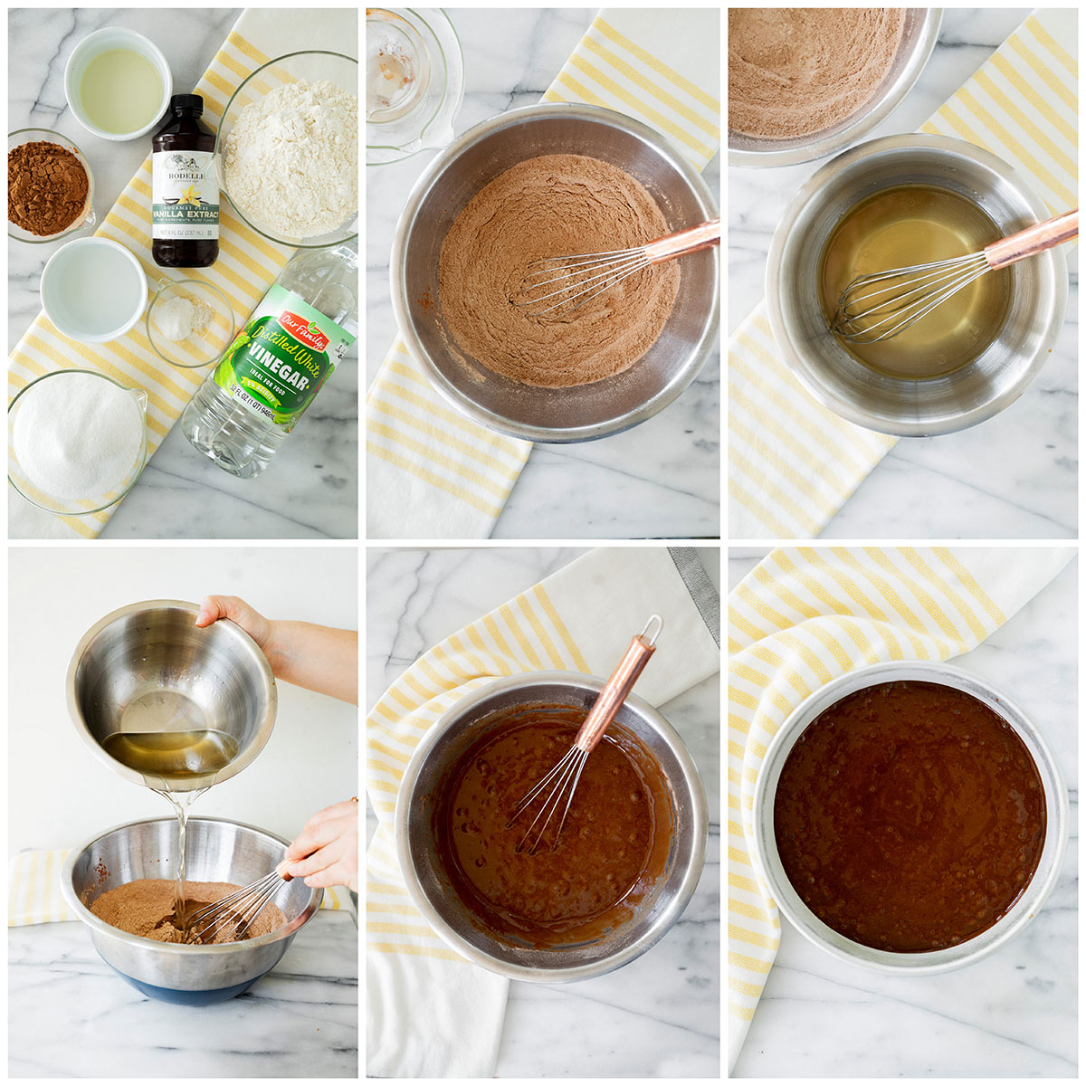 collage of 6 step by step photos of making the chocolate cake batter