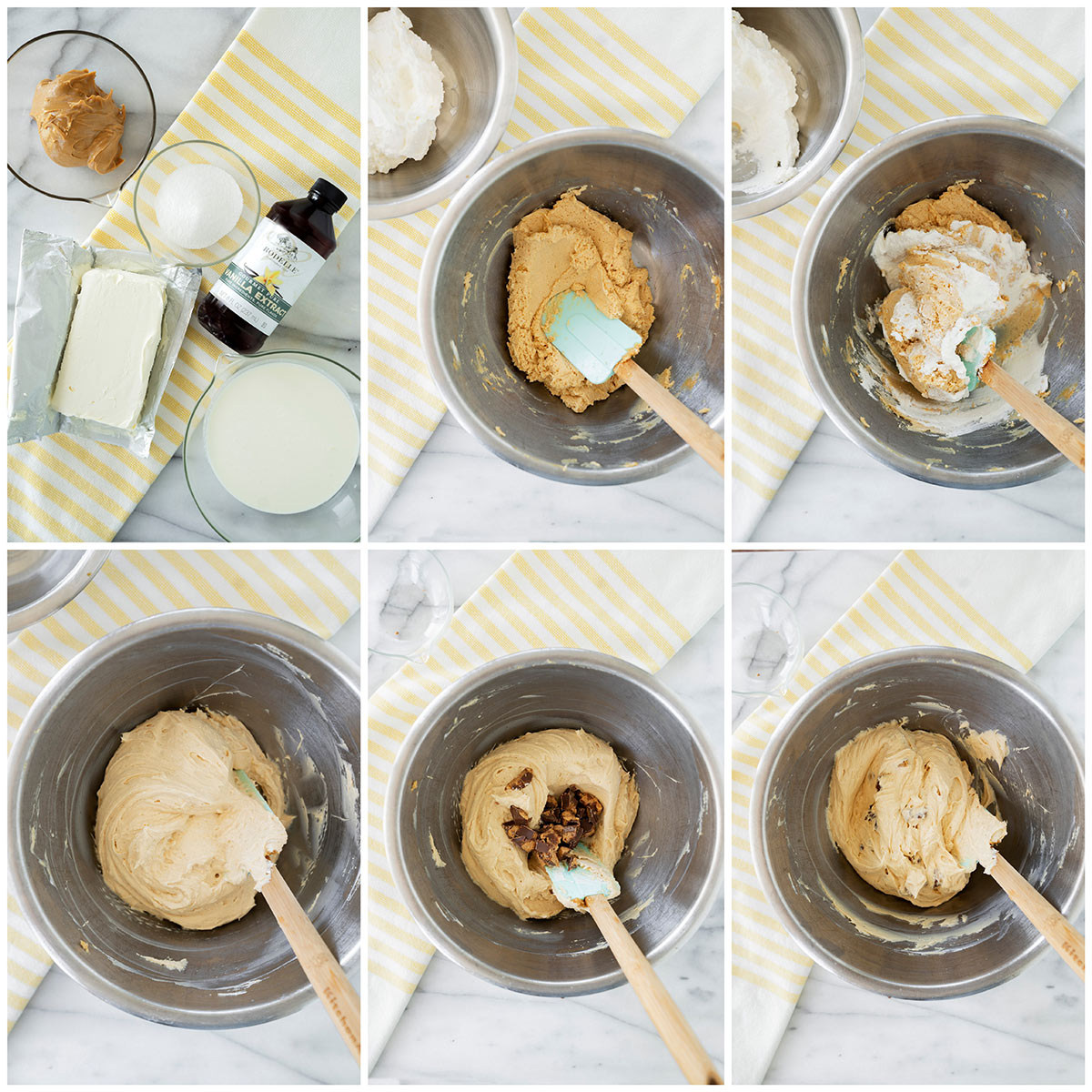 collage of 6 step by step photos of making the peanut butter cheesecake batter