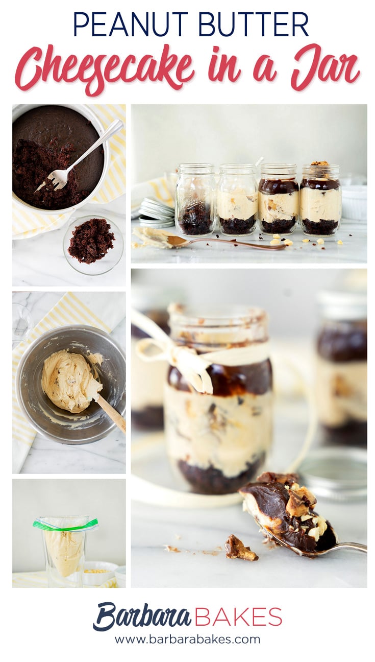 A collage of 5 pictures showing the making of the Peanut Butter Chocolate Cheesecake in a Jar. Crumbling chocolate cake, mixing the cheesecake filling, put the filling in a plastic bag and filling the mason jars. 