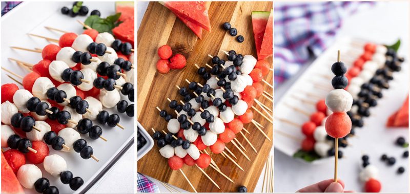 collage of Red, White and Blue Assemblying Fruit and Cheese skewers on a wooden cutting board