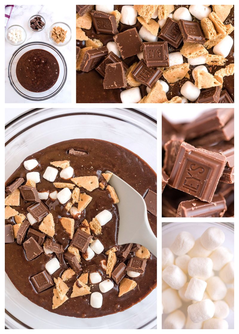 A collage of five picture, one of a coarsely chopped Hershey bar, one of miniature marshmallows, one of brownie batter in a bowl with the s'mores ingredients and two mixing the s'mores ingredients into brownie batter