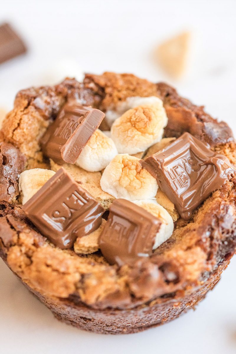 Close up photo of a Brookie bowl loaded with S'mores toppings.