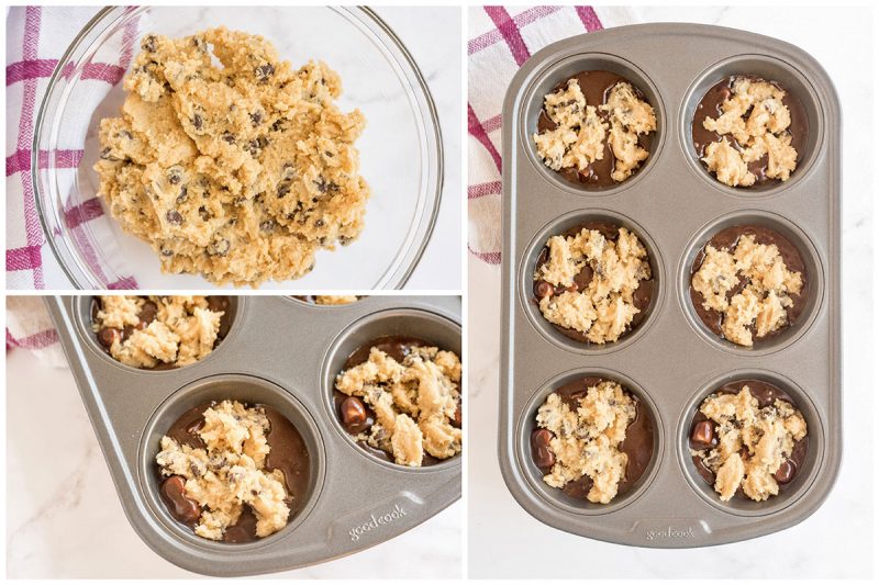 A collage of 3 pictures; one of the cookie dough batter after mixing and two of the cookie dough dolloped on top of the brown batter in a muffin pan.