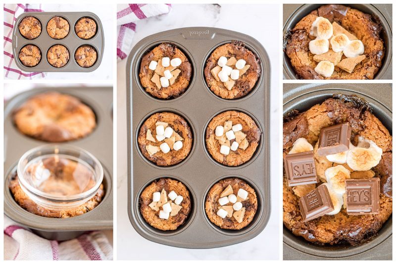 A collage of five photos; one of the Brookies in the muffin tin after baking, one of creating the bowl by pressing a cup into the top, one of the smears topping on the brake before browning the marshmallows, two showing the s'mores broke after the marshmallows are browned.