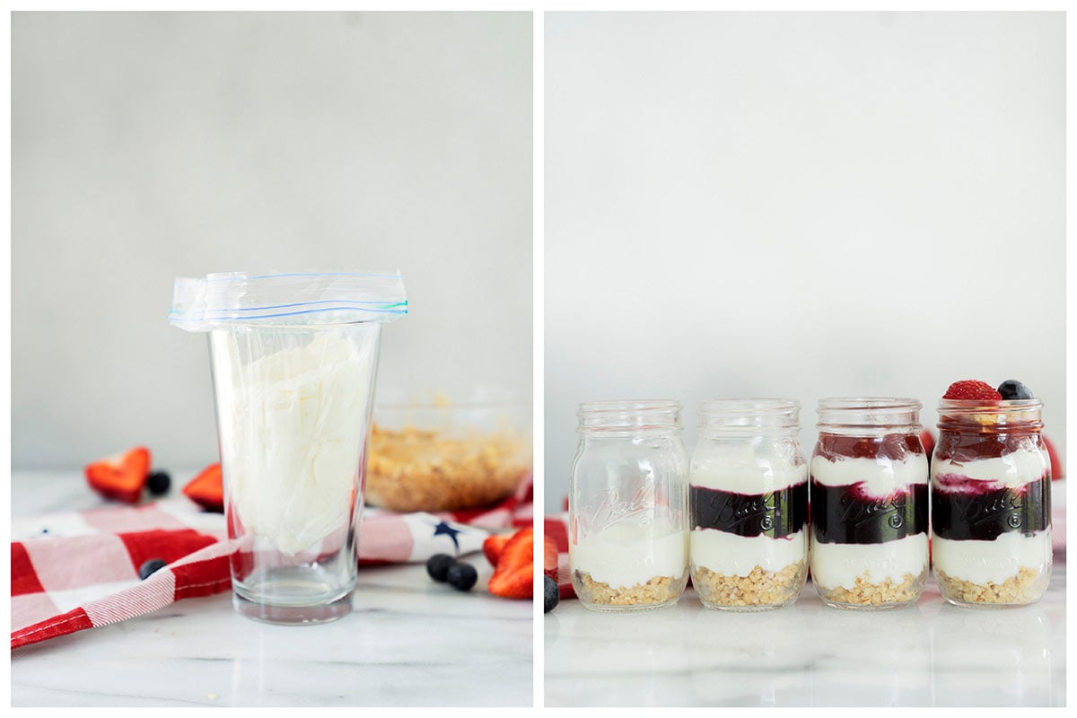 Collage of how to layer red, white and blue cheesecakes in mason jars with cream cheese filling, oreo cookie crust and berry purees