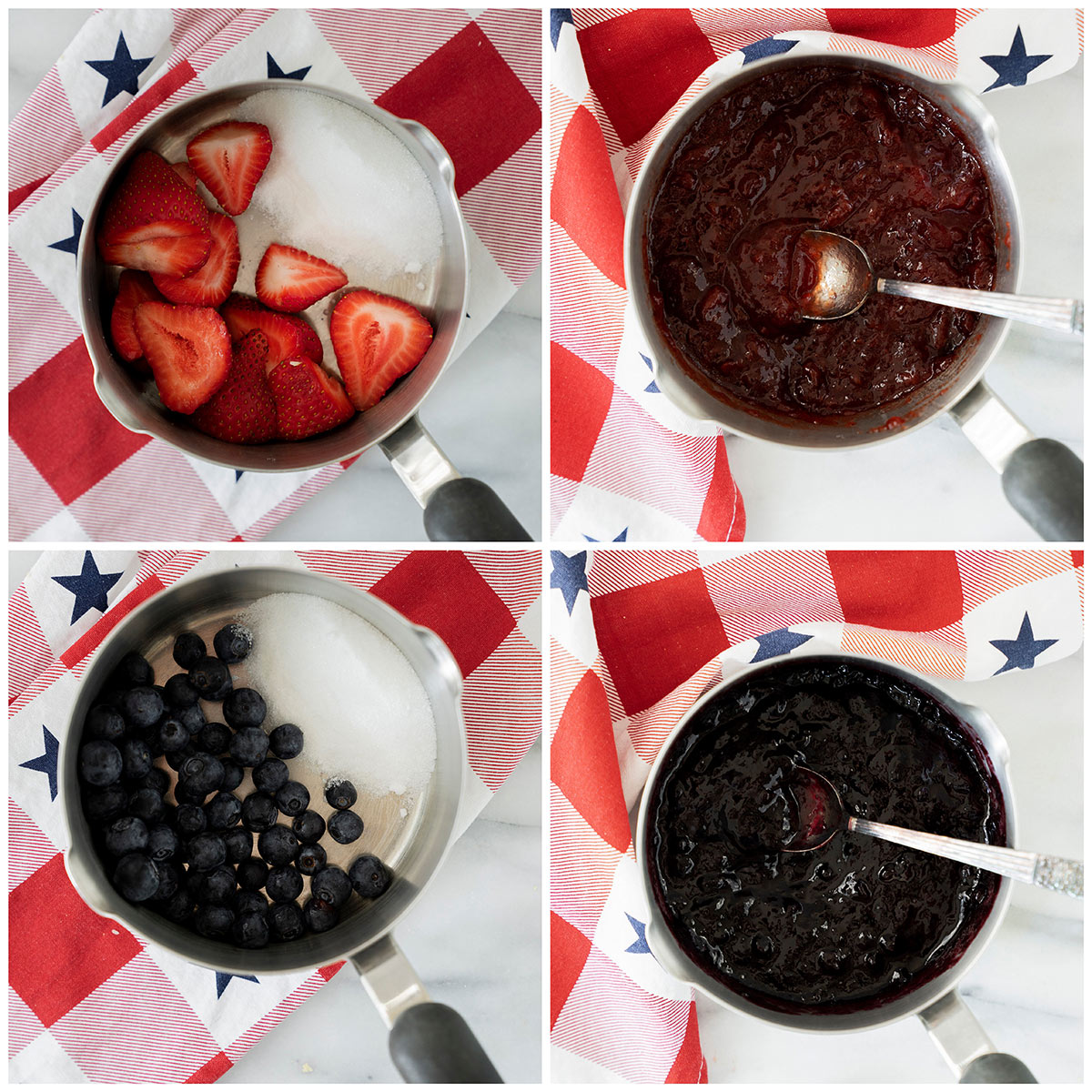 Overhead collage of four images to make quick and easy strawberry and blueberry puree for red white and blue cheesecakes
