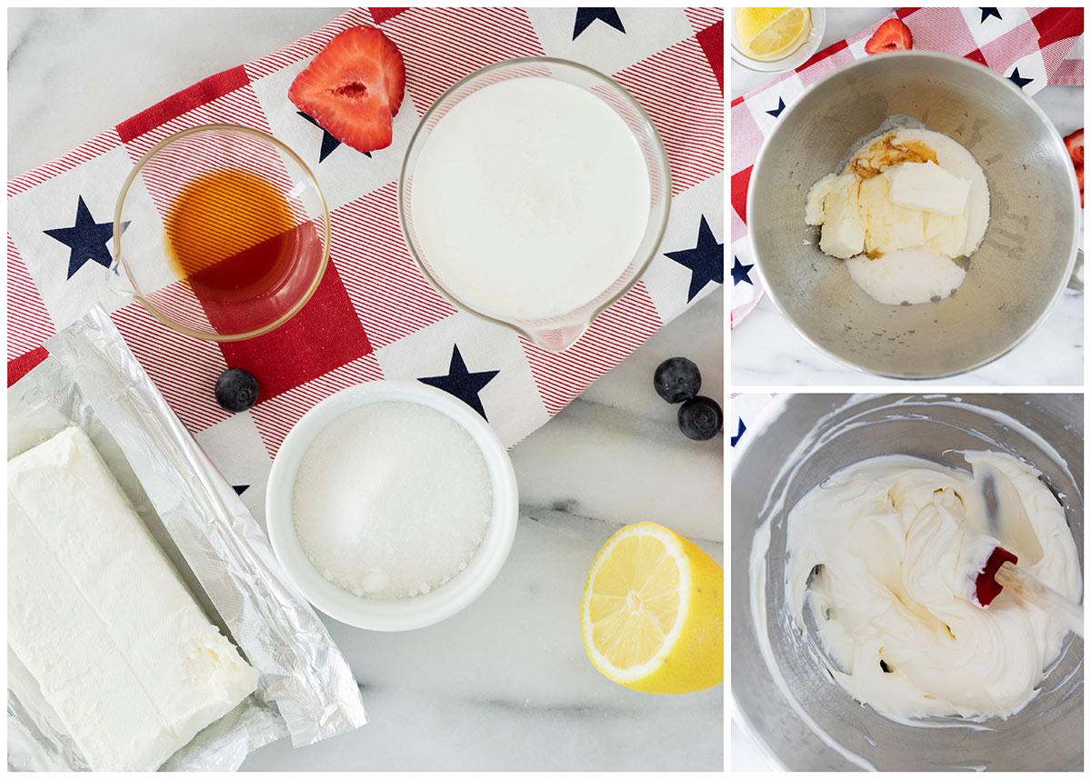 collage of the ingredients and steps to make no bake vanilla cheesecake with cream cheese, sugar and lemon juice