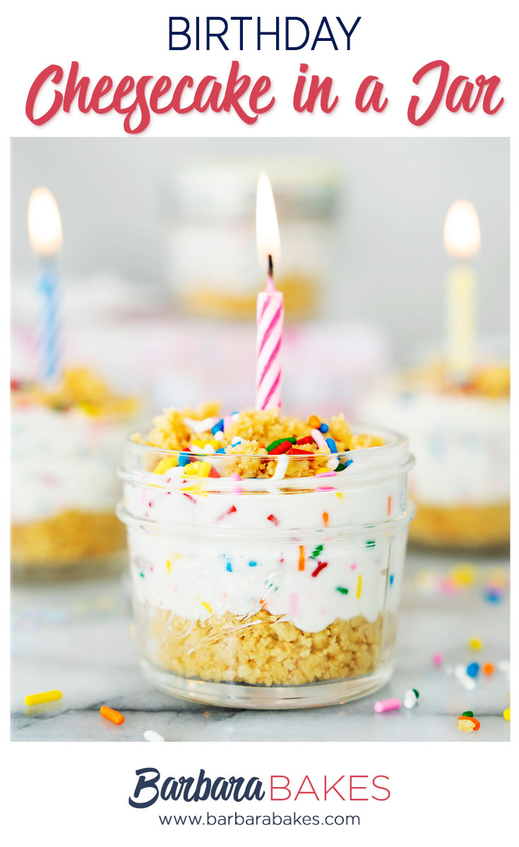 pinterest image for no-bake birthday cheesecake in a jar