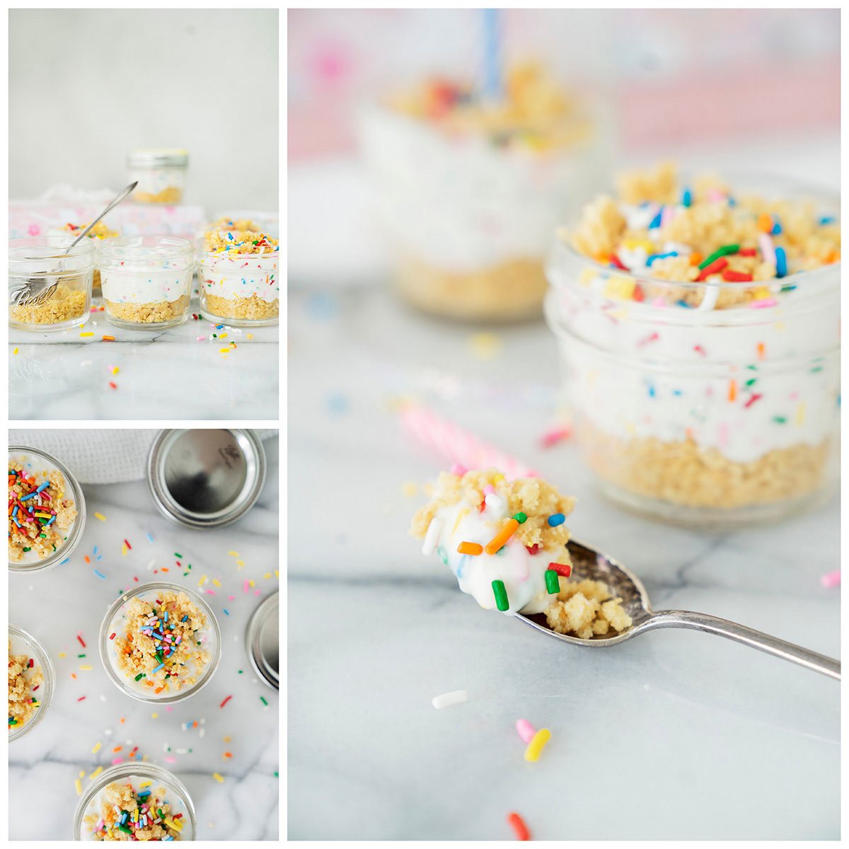 assembling birthday cake cheesecake in a jar with no-bake cream cheese filling, oreo cookie crust and rainbow sprinkles