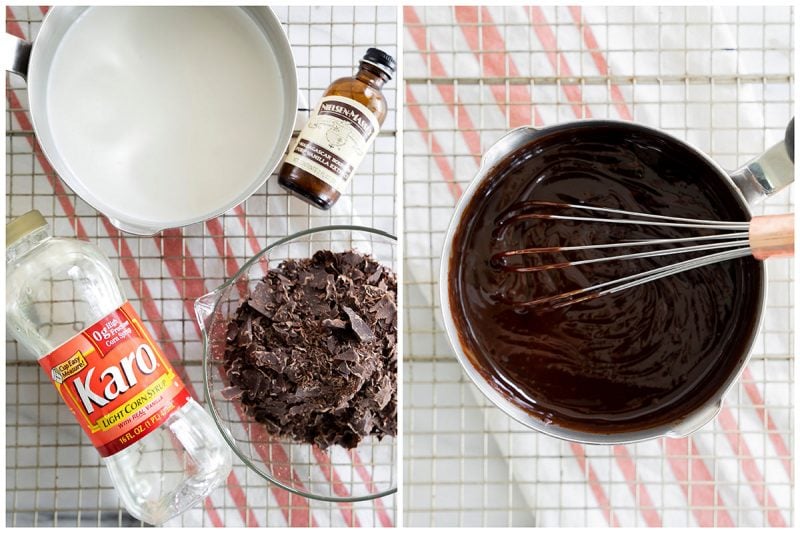 two photos showing how to make chocoalte ganache from melted chocolate, syrup and vanilla exract with a whisk and a mixing bowl