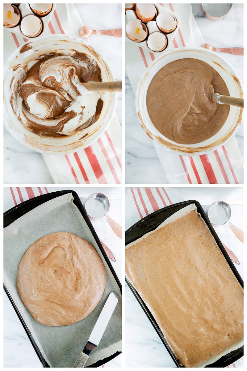 spreading chocolate sponge batter into a baking sheet for rolled ice cream cake