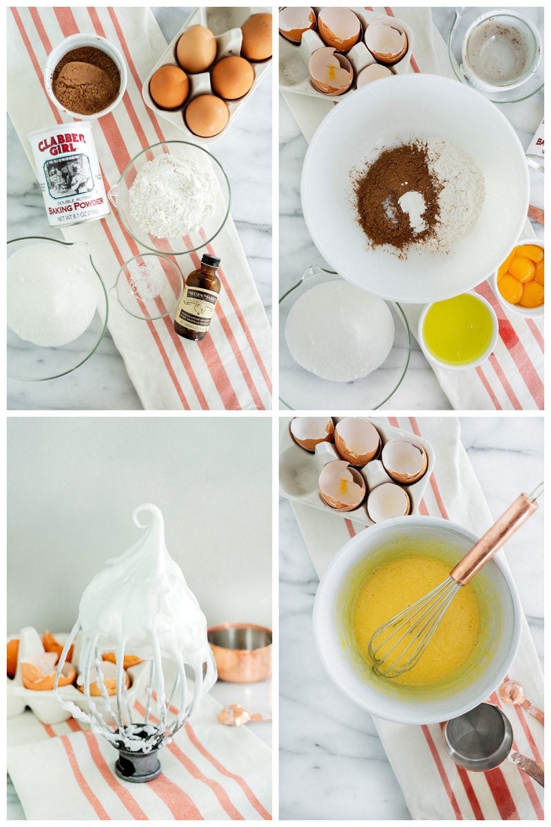 four photos showing how to make light and fully chocolate separated sponge cake