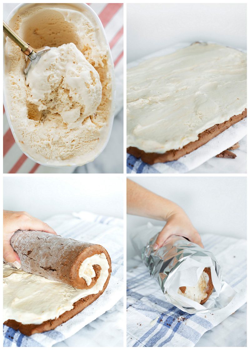 rolling chocolate sponge cake with vanilla ice cream