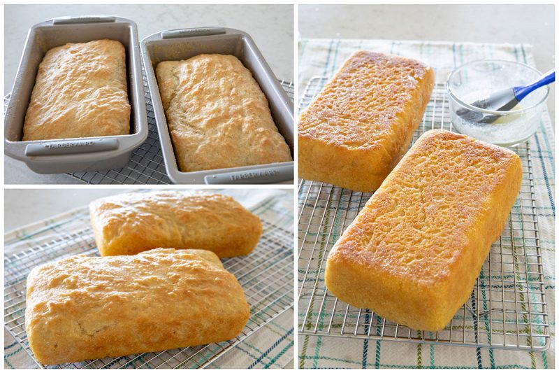 Three photos of the baked English muffin bread. One photo of the bread in the loaf pans, one on the bread on a cooling rack, one of the bread upside down on the cooling rack
