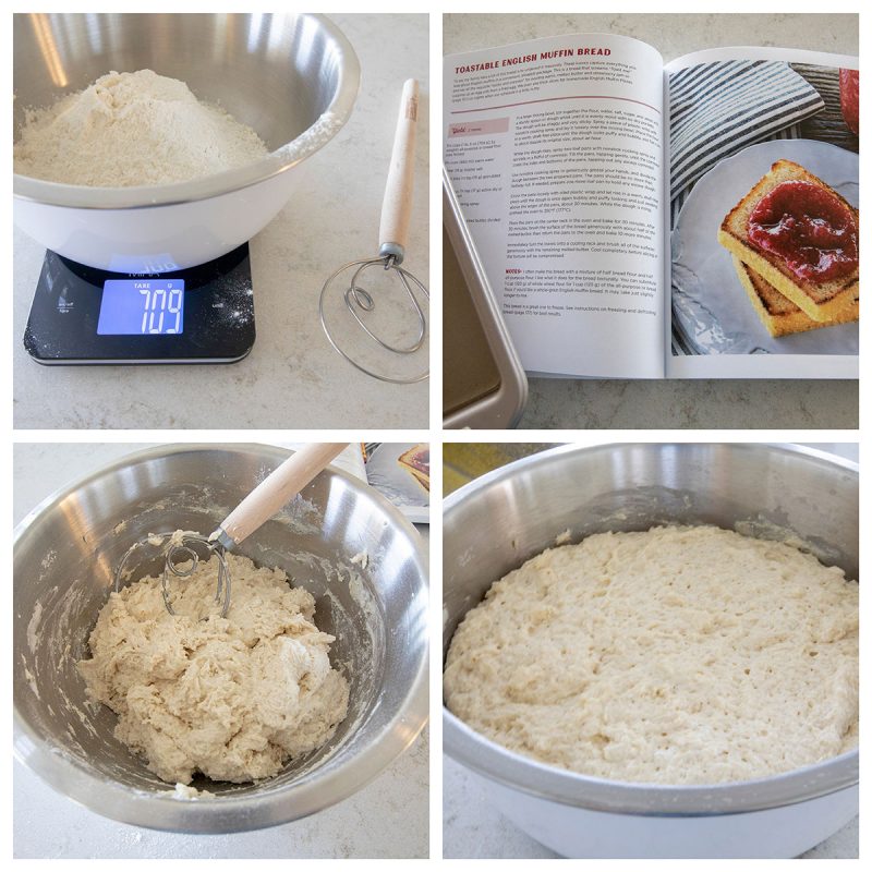 Four photos showing how to make the batter. One weighing the flour, two - mixing the batter with a dough whisk, three - cookbook photo with recipe, four the risen dough in a white bowl.