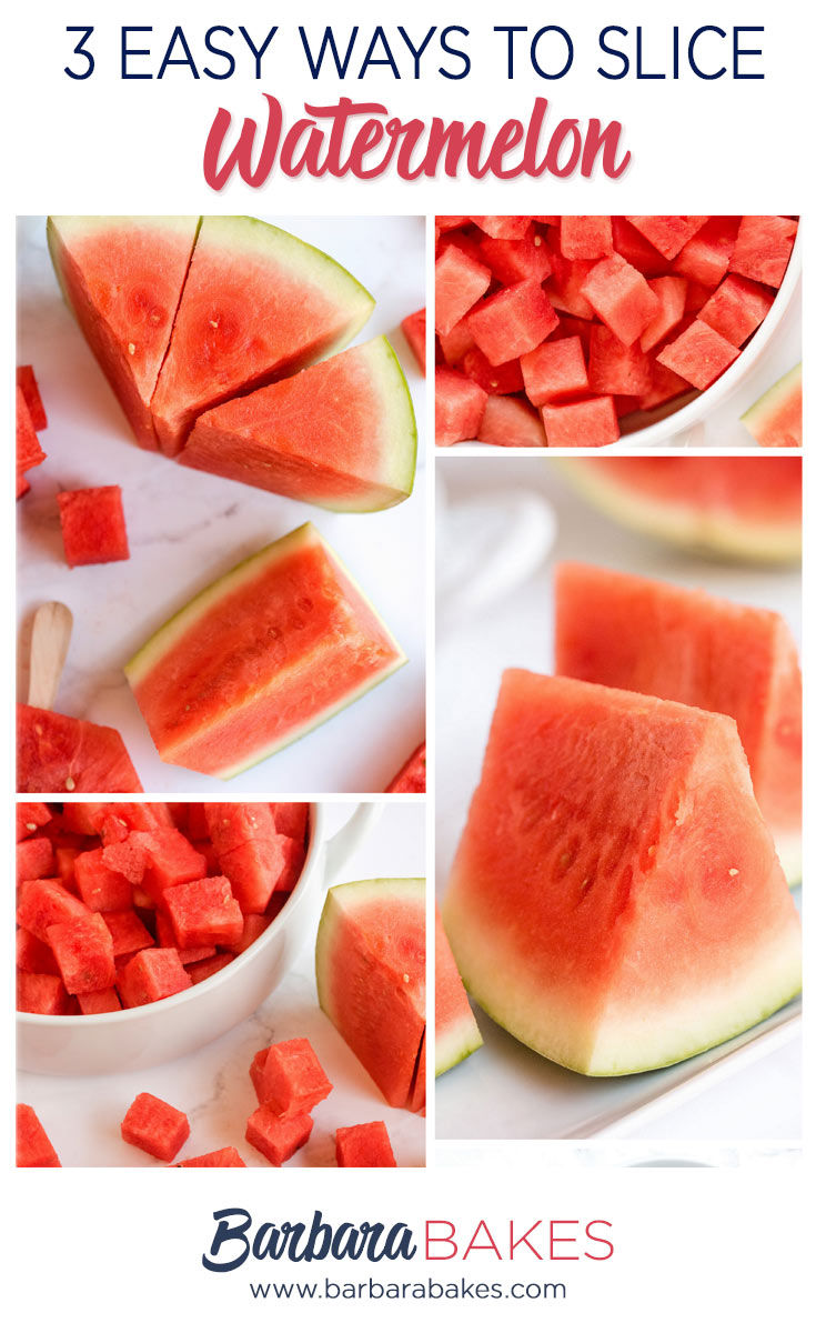 Collage with several images showing how to cut bite-sized watermelon cubes, watermelon triangles without rinds, and handheld watermelon wedges with a popsicle stick. 