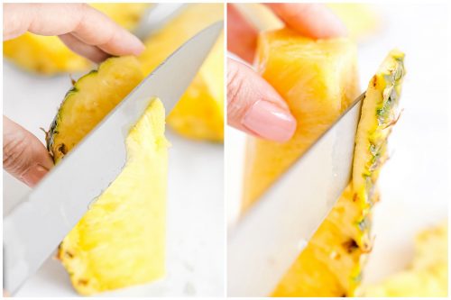 slicing the core and the skin of the pineapple wedges off