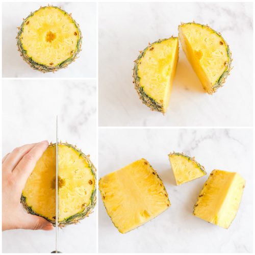 slicing a whole pineapple into four quarters