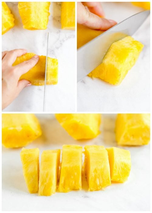 slicing pineapple into cubes without any skin
