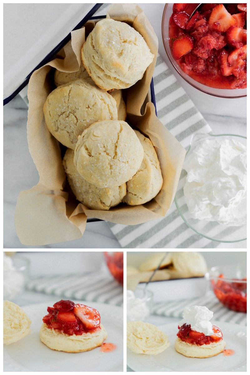 collage of how to assemble strawberry shortcake with biscuits, macerated strawberries and whipped cream