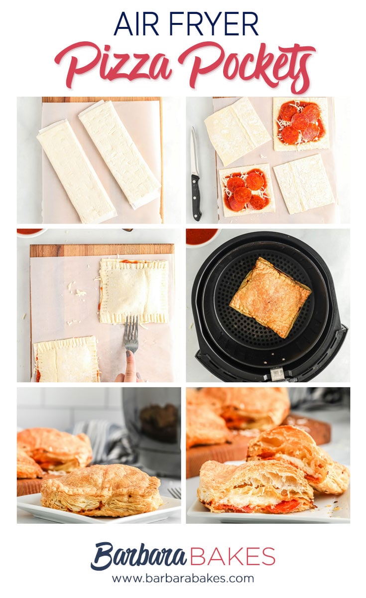 pinterest image with six photos of how to make and cook air fryer hot pockets with puff pastry, pepperoni and cheese