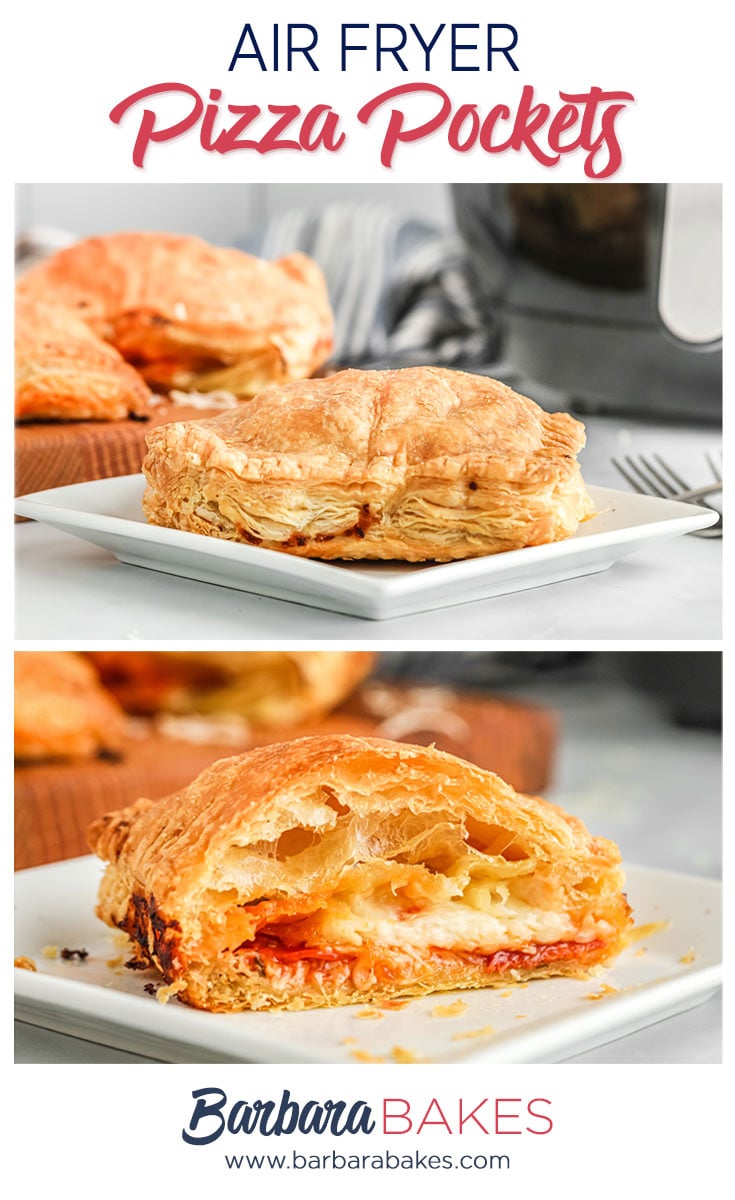 pinterest button with two images of air fryer pizza pockets, one whole and one cut in half