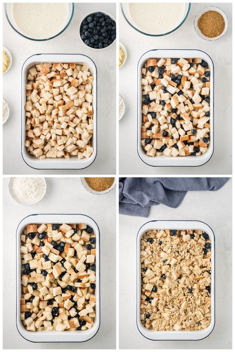 making blueberry french toast casserole in a large baking dish with bread cubes, fresh berries and cream cheese custard