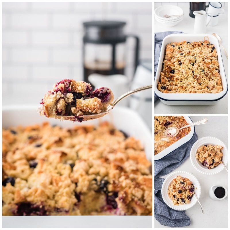 serving blueberry french toast casserole from a baking dishin to two smaller white ceramic bowls