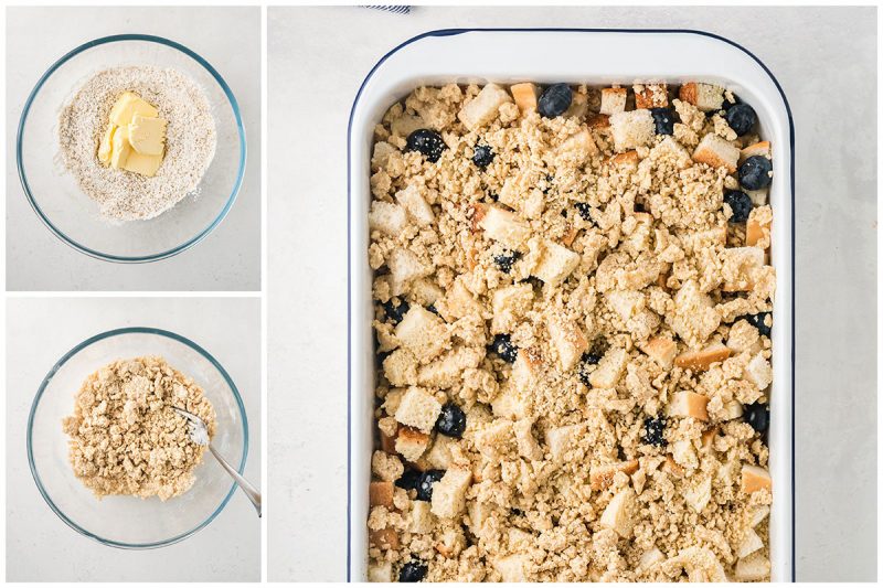 adding crumbled sweet topping to a baking dish of blueberry french toast