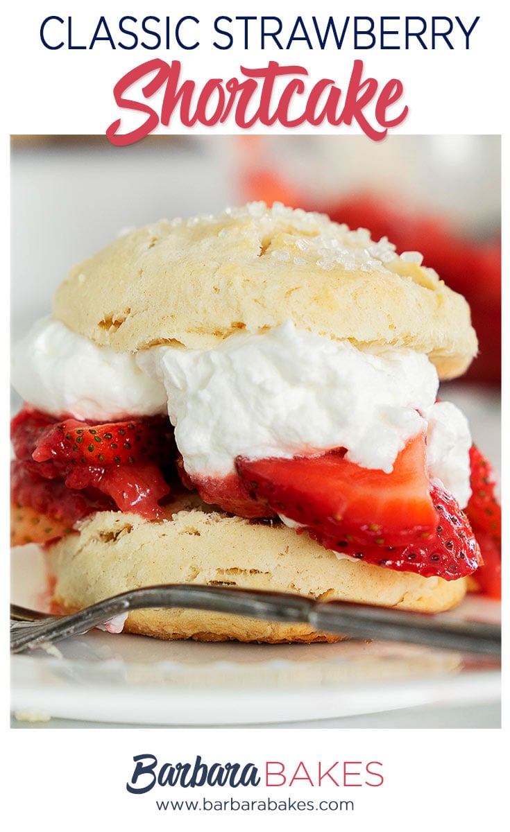 pintereset button for classic strawberry shortcakes on homemade biscuits
