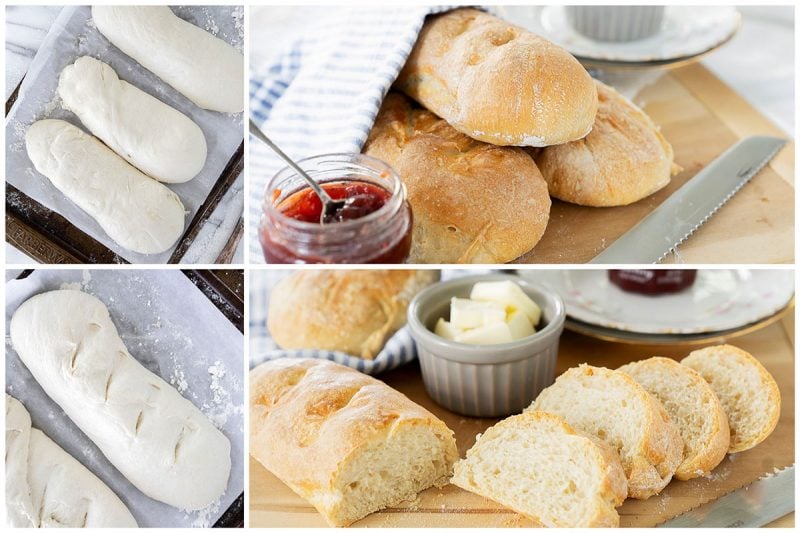 A collage of pictures. 3 loaves of French bread on a cutting board with jam, unbaked French bread on a baking sheet
