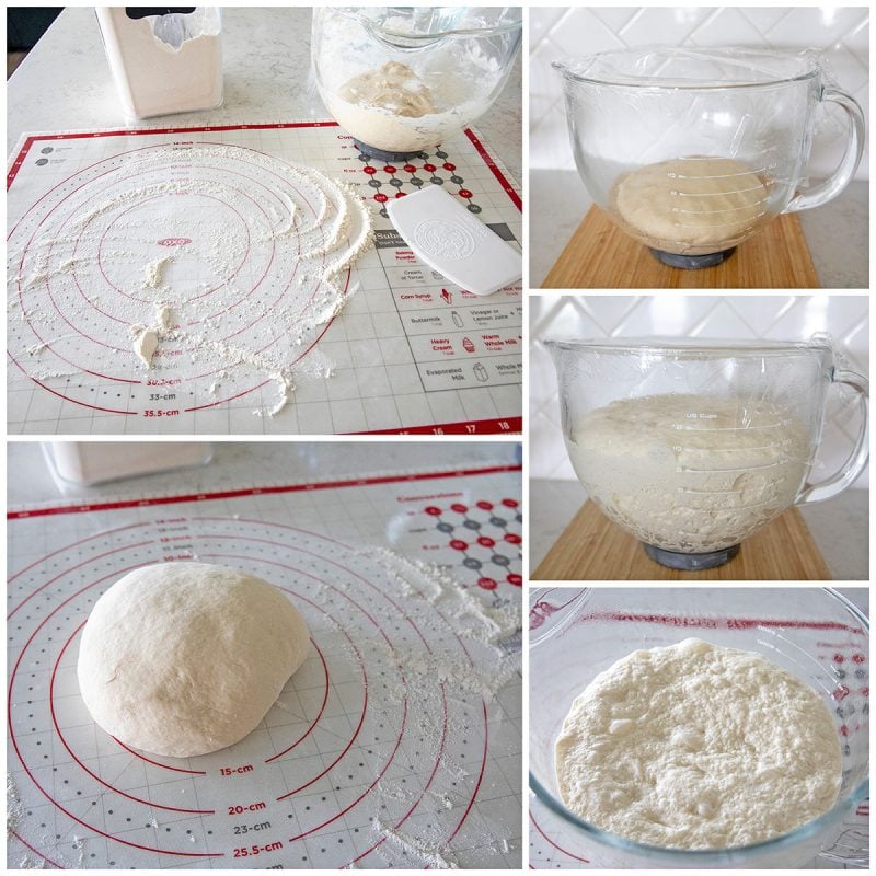 A collage of pictures showing French bread dough before rising, after rising, and after kneading on a floured pastry mat