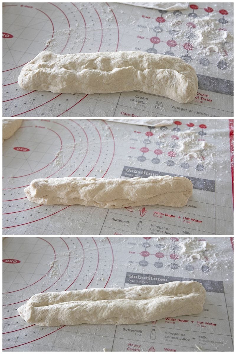 A collage of three pictures showing how to shape the French bread dough.