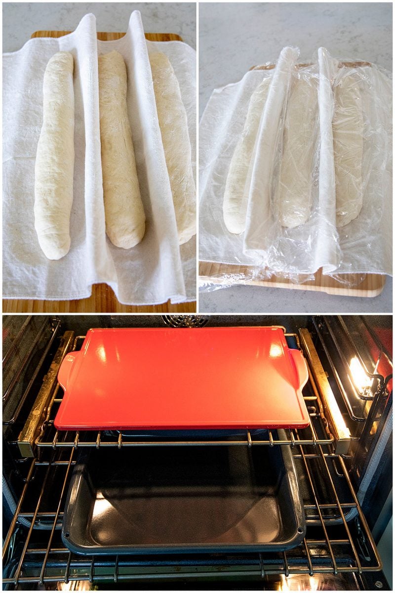 A collage of three pictures. Two showing the shaped loaves rising covered with plastic wrap and a pizza stone in the oven with broiler pan underneath