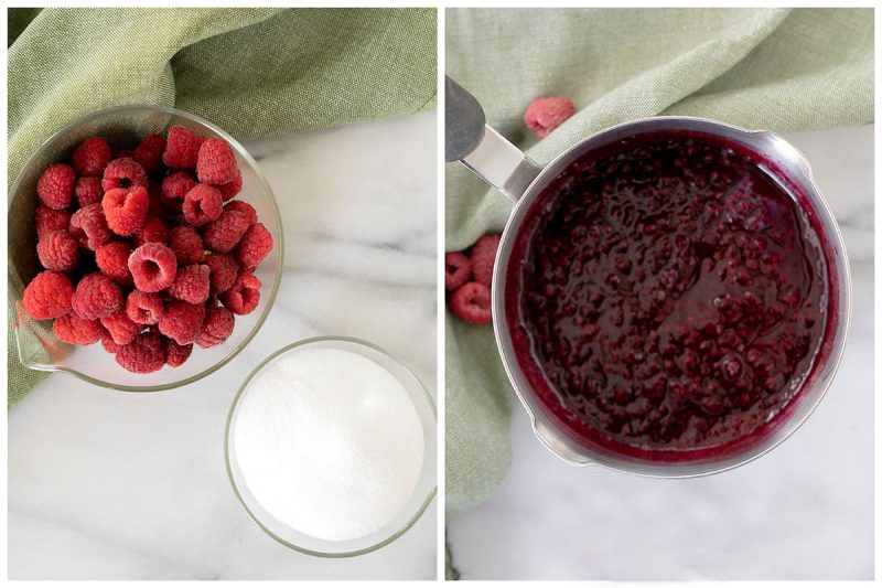 making raspberry fruit puree with fresh raspberries and white sugar in a pot