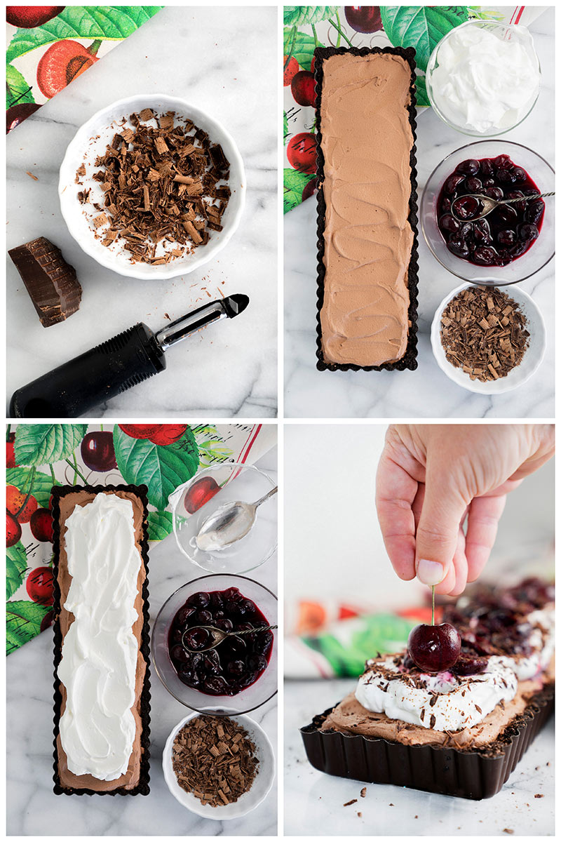 decorating black forest tart with chocolate shavings, cherries and whipped cream