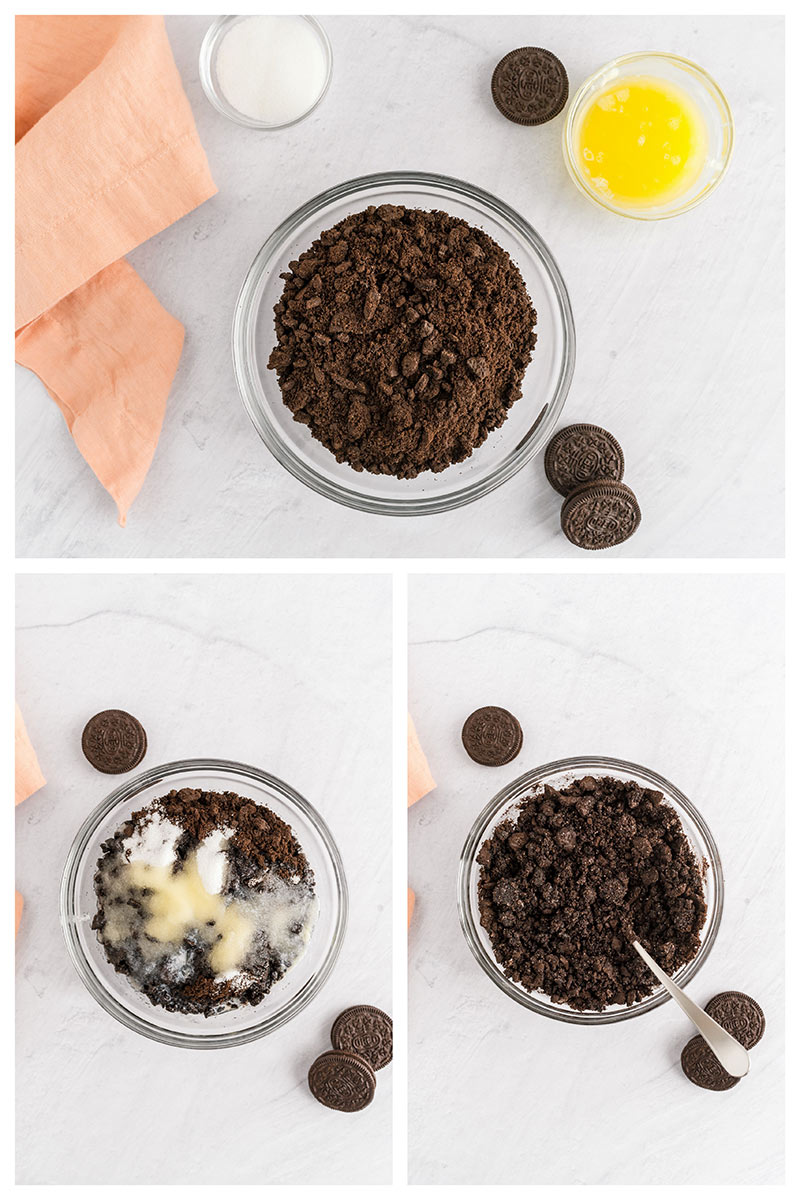 making oreo cookie crust in a glass mixing bowl