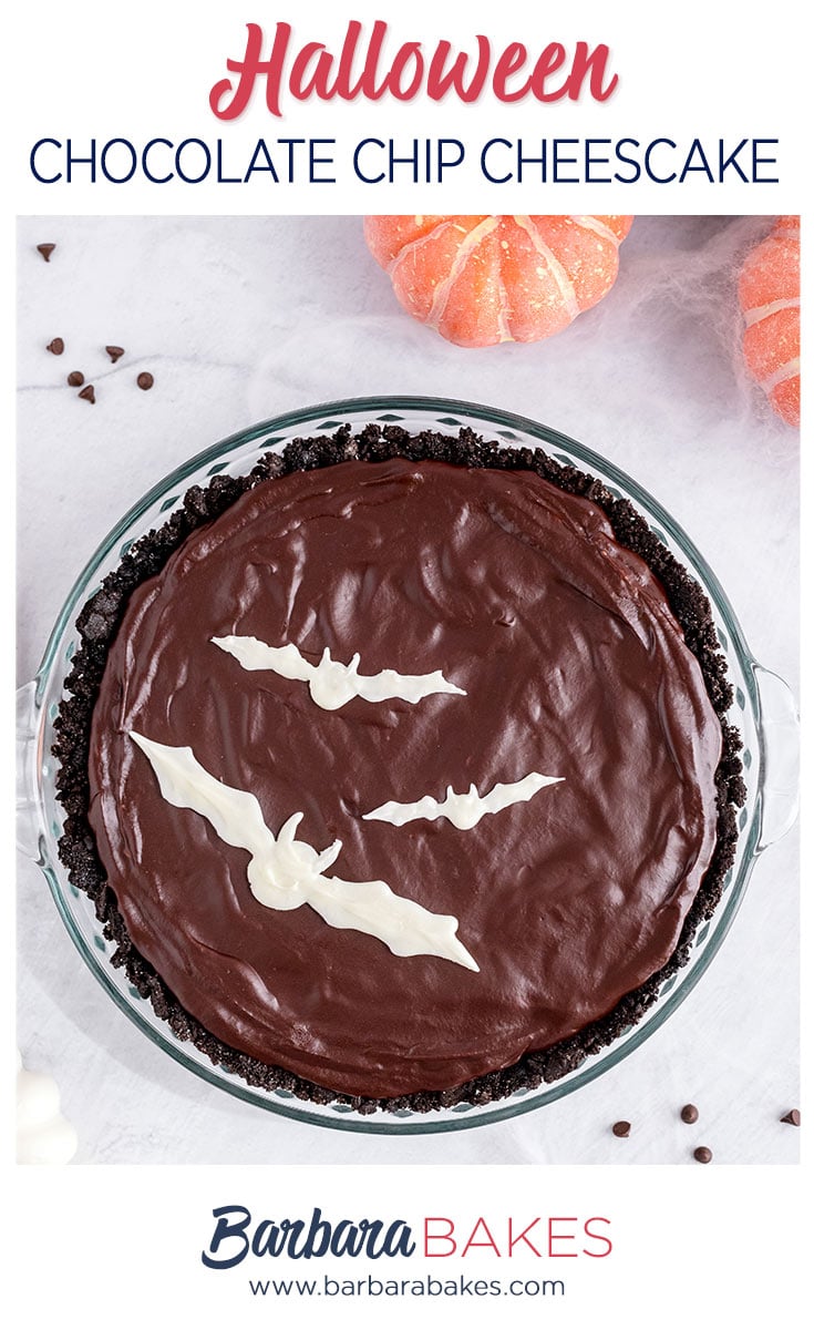 pinterest button for halloween cheesecake with chocolate ganache with white chocolate bats